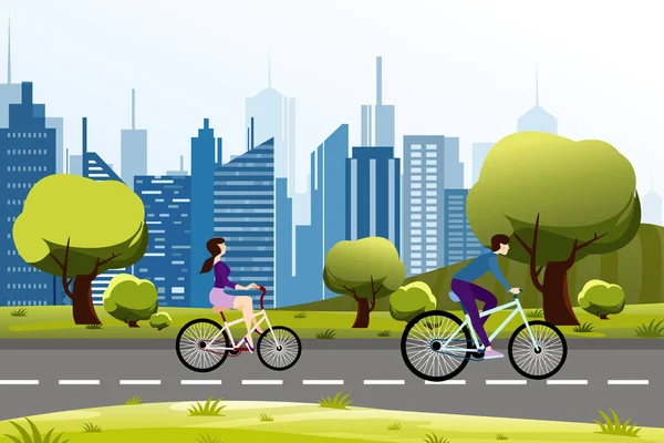 Vector illustration of people man and woman riding on a bicycle near city park. Modern city background. Cartoon vector illustration. — Stock Vector