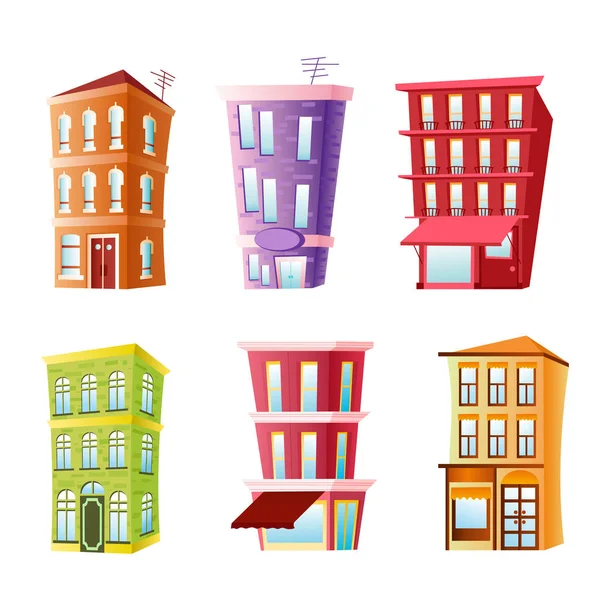 Ilustración vectorial del conjunto de edificios divertidos. Casas coloridas y luminosas en estilo cómico plano de dibujos animados sobre fondo blanco . — Vector de stock