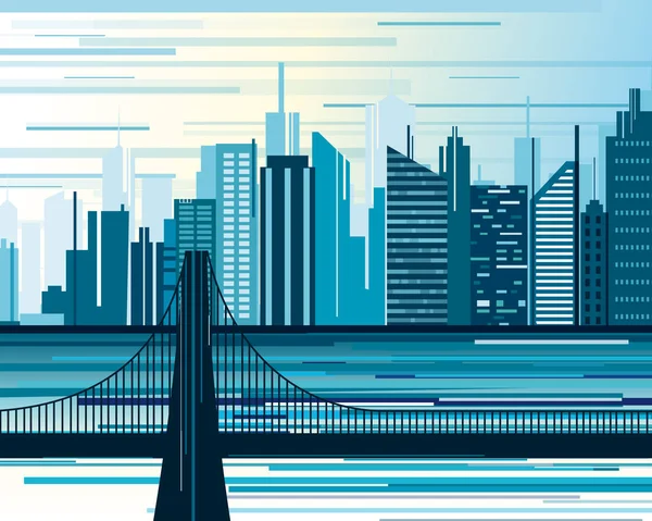 Ilustración vectorial del paisaje urbano urbano. Gran ciudad moderna con un puente y rascacielos en abstracción estilo de dibujos animados planos . — Archivo Imágenes Vectoriales