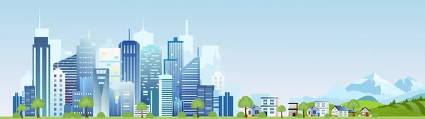 Illustrazione vettoriale del paesaggio urbano industriale della città. Grande città moderna con grattacieli con montagne e case di campagna in stile fumetto piatto . — Vettoriale Stock