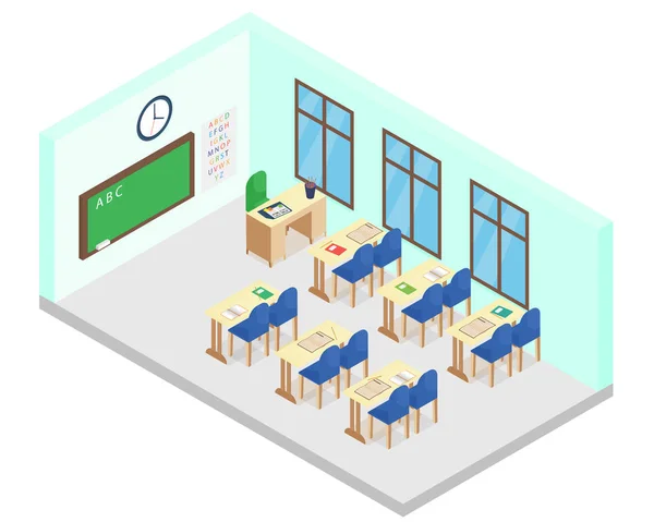 Ilustração vetorial da sala de aula da escola isométrica. Inclui mesa, cadeiras, livros, quadro-negro em estilo plano de desenhos animados . — Vetor de Stock