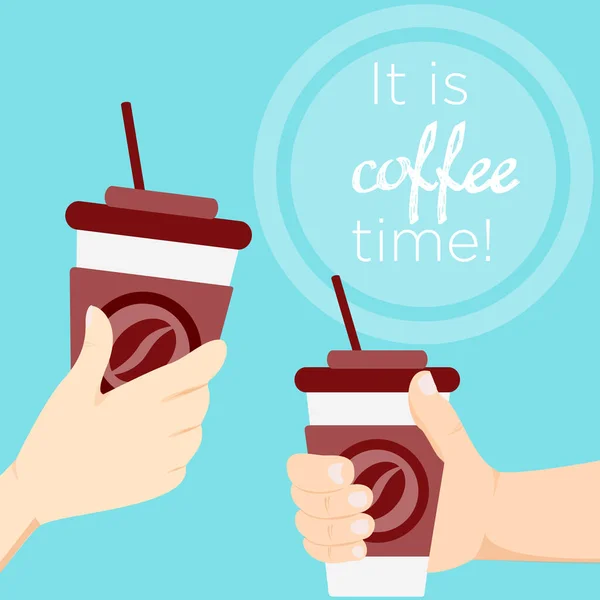 Vektor Illustration Hand hält Kaffeetasse auf hellblauem Hintergrund mit Text Ort. im flachen Cartoon-Stil. — Stockvektor