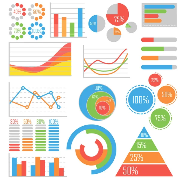 Ilustração vetorial de elementos infográficos de negócios e estatísticas com diagramas coloridos e gráficos em estilo plano de desenhos animados . — Vetor de Stock