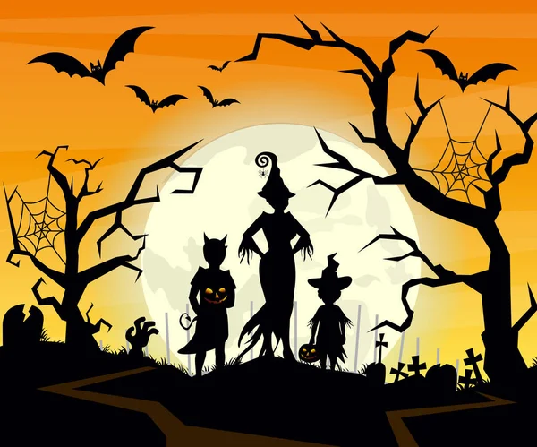 Vektorillustration av Halloween bakgrund med silhuetter av barn knep i Halloweenkostym. Halloween vykort i platta tecknad stil. — Stock vektor