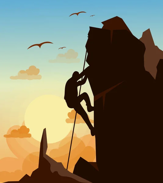 Vector illustration of mountain climbing man on the mountains rock on sunset sky with birds background in flat style. Motivation concept. — Stock Vector