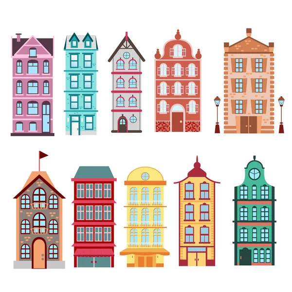 Colorato e luminoso Amsterdam, olandesi case della città impostato su sfondo bianco Illustrazione vettoriale in stile piatto . — Vettoriale Stock