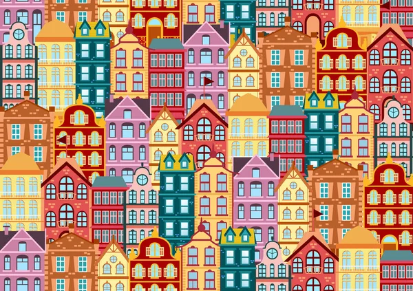 Patrón de vector sin costuras con fachadas brillantes coloridas casa holandesa. Diferentes colores y formas de casas antiguas. Fachadas de casas en el tradicional estilo holandés ilustración vectorial plana . — Archivo Imágenes Vectoriales