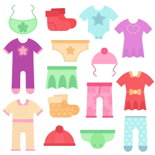 Des vêtements de bébé. Carrosseries et salopettes colorées et lumineuses pour garçons et filles. Illustration vectorielle. Set icônes vêtements dans un style plat sur fond blanc. Objets isolés dans le style de dessin animé plat . — Image vectorielle