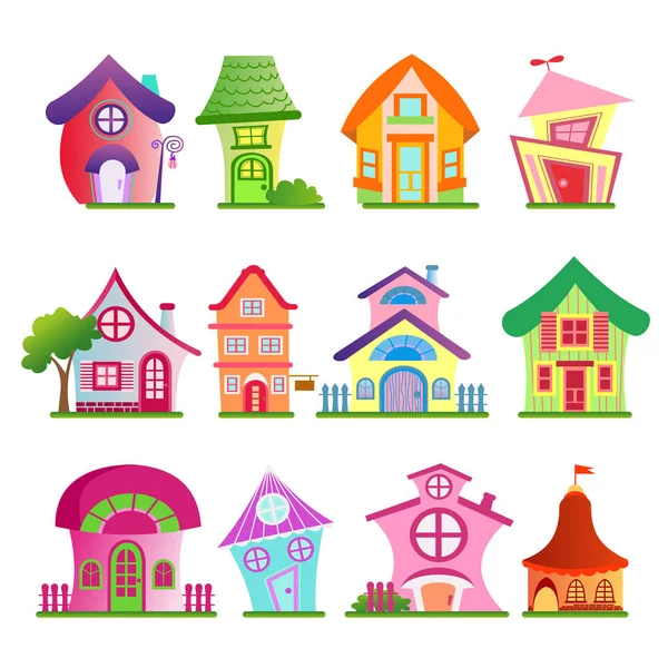 Ilustración vectorial de divertidos edificios rurales. Casas coloridas y luminosas con árboles en estilo cómico plano de dibujos animados sobre fondo blanco . — Vector de stock