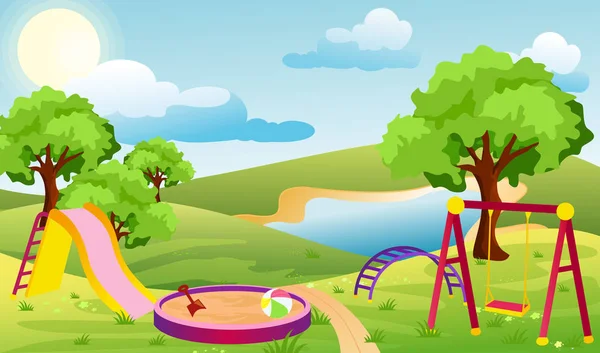 Illustrazione vettoriale del parco giochi per bambini. Set di elementi per creare sfondo urbano, parco paesaggio in stile cartone animato piatto . — Vettoriale Stock