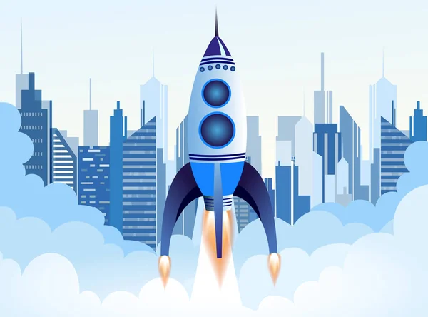 Vektorillustration av raket som flyger över molnen, på moderna storstad bakgrund med skyskrapor, i platta tecknad stil. — Stock vektor