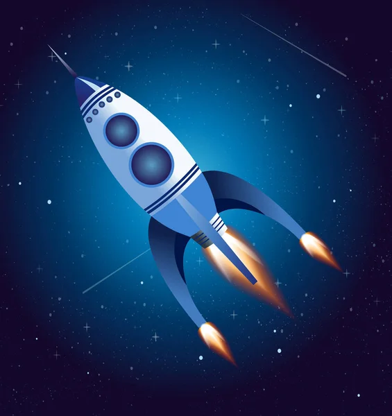 Vector illustration of rocket flying in sky, spaceship on dark blue background oin flat cartoon style. — Stock Vector