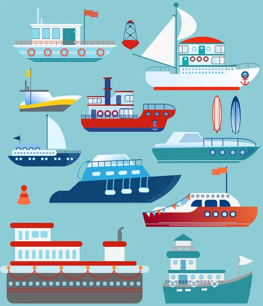 Vector illustration set of flat yacht, boat, cargo ship, steamship, ferry, fishing boat, bulk carrier, vessel, boat, cruise ship on blue background concept. — Stock Vector