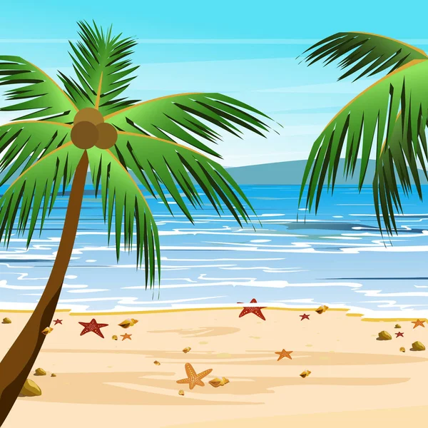 Vektorové ilustrace pláže s palmami, písek, modrý oceán vody a oblohy. Letní tropické pohled v kreslené plochý. — Stockový vektor