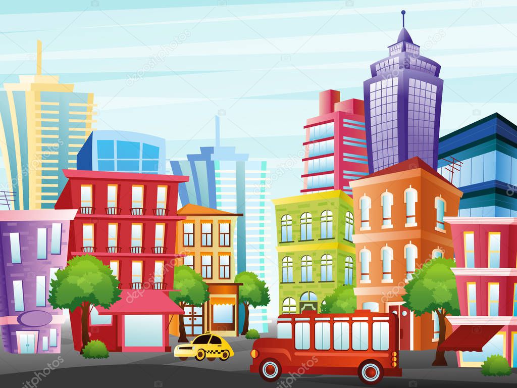 Vector illustration of city street with funny colorful buildings, skyscrapers, trees, taxi and bus on light sky background in flat cartoon style.