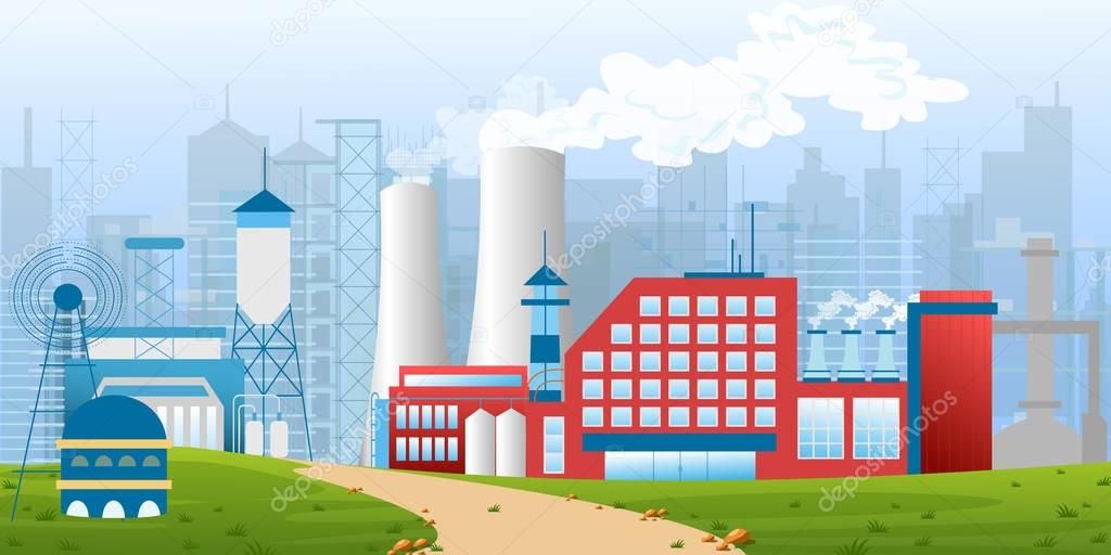 Stock vector illustration of an industrial zone with factories, plants, warehouses, enterprises in the flat style landscape.