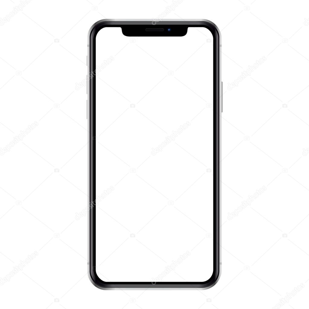 Vector illustration of front view modern smartphone, mobile, phone mockup isolated on white background with blank screen. Phone in black color and white color screen.