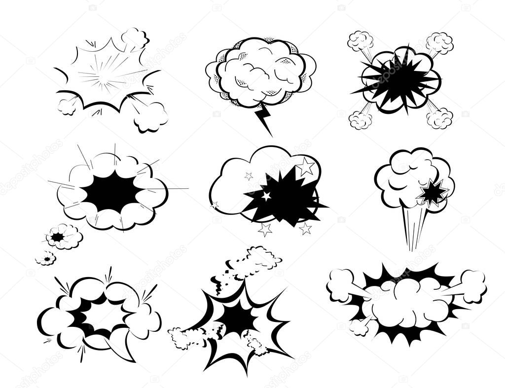 Vector illustration set picture blank template comic text speech chat background style pop art. Dialog empty cloud, in black and white colors. Space pop art. Clear comics book sketch explosion.