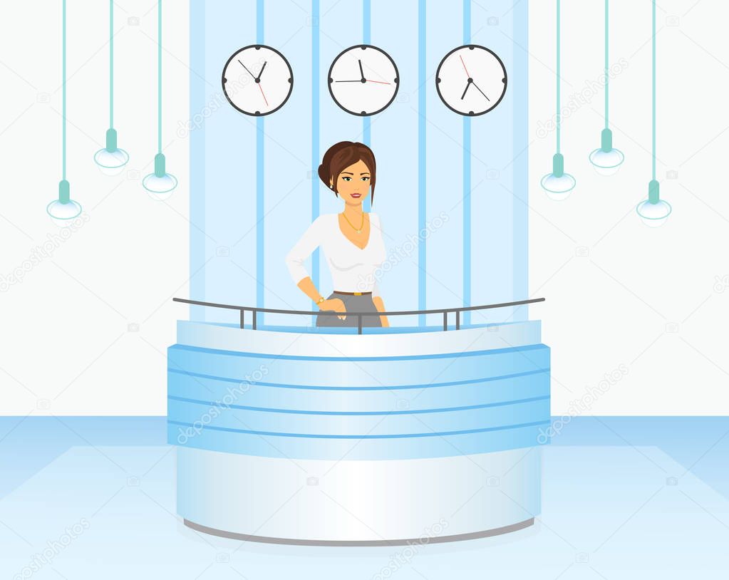 Vector illustration of woman manager reception desk in light blue colors interior. Concierge service in flat cartoon style. Hospitality hotel staff.