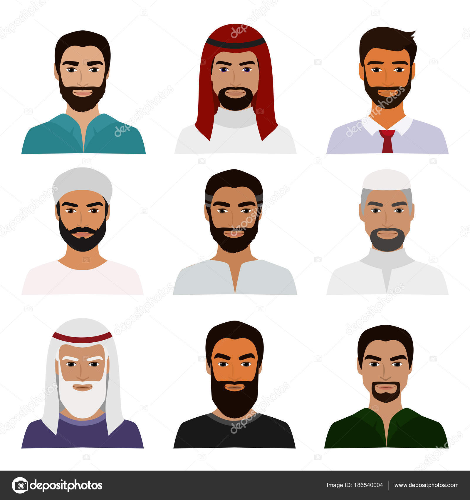 Vector illustration set of muslim avatars, vector arab man icon, saudi  characters, arabic businessman in national clothes portraits in flat style.  Stock Vector Image by ©Nataliia2910@ #186540004