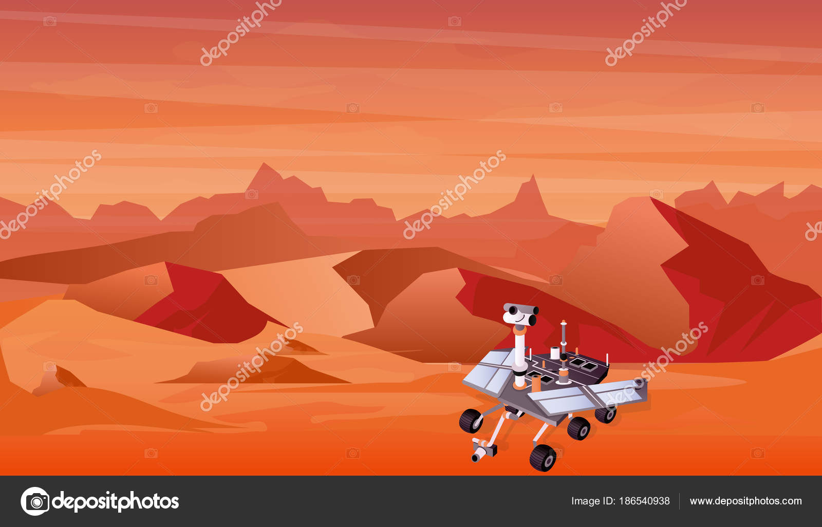 Ilustración vectorial del paisaje del planeta Marte y la máquina de exploración  espacial, tecnología espacial en estilo plano . Vector de stock #186540938  de ©Nataliia2910@gmail.com, image size:1600x1026