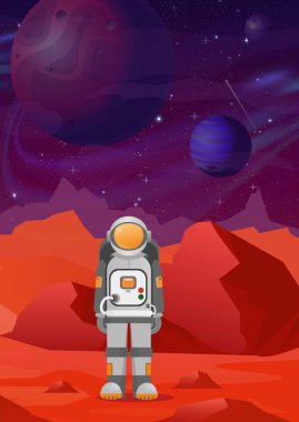 Astronotun Mars'ta vektörel çizimler. karanlık alanı ile gezegenlerin arka plan üzerinde kırmızı dağlar manzara. astronomi, uzay araştırmaları, kolonizasyon, düz stil.