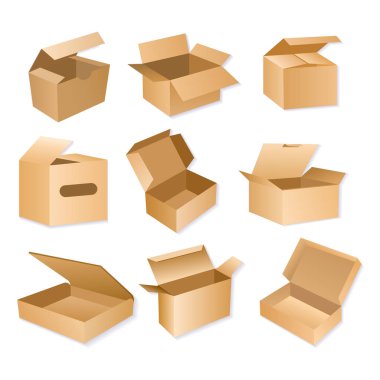 Karton Ambalaj kutusu vektör Illustration. Beyaz arka plan üzerinde izole gerçekçi kahverengi karton teslim paketleri.