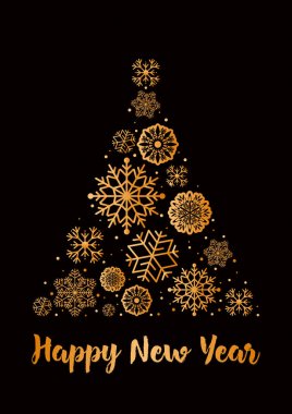 Vektör çizim Noel ağacı kar taneleri altın renkte düz tarzı yaptı. Tebrik kartı mutlu yeni yıl.