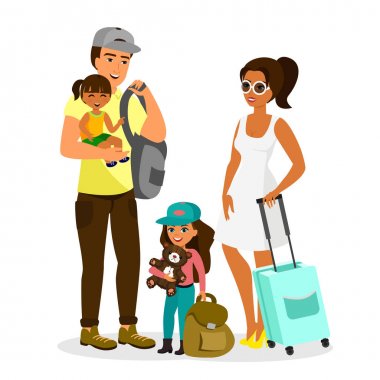 Genç mutlu aile vektör Illustration çocuklarla seyahat. Baba, anne, oğlu ve kızı birlikte çanta ile düz stil beyaz arka plan üzerinde durmak.