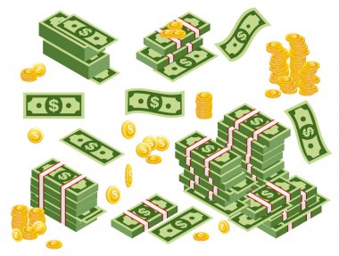 Vektör çizim dolar demetleri dağınık, beyaz arka plan üzerinde izole farklı yanlarıyla yığılmış. Dolar banknot paraları ile düz stil ayarla.