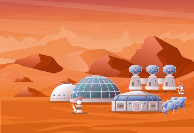 Vektör Mars kolonizasyon görev illüstrasyon kavramı. Mars peyzaj dağlar. Ev için insanlar düz tasarım Kızıl gezegen üzerinde.