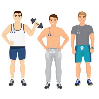 Vektör çizim fitness kıyafeti spor salonunda yakışıklı genç adamlar. Düz stil spor salonunda spor erkekler gülümseyen ve mutlu.