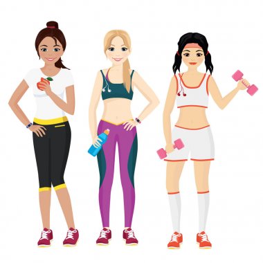 Vektör çizim Fitness çekici genç kadın dış giyim, spor malzemeleri tutarak. Şirin ve sevimli spor kız Gym salonunda düz çizgi film tarzı.