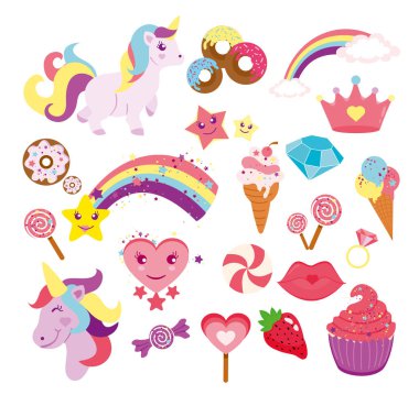 Vektör çizim sevimli atlar, yıldız, gökkuşağı ve düz stil tasarımınızda için öğeleri ayarla.