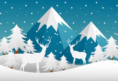 Vektör çizim kış manzara orman, geyikler, düz stil dağlarda.
