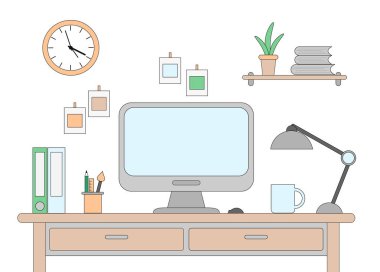 Vektör çizim ile bir bilgisayar masası. Office ya da düz tarzda çizilmiş evde çalışma alanı.