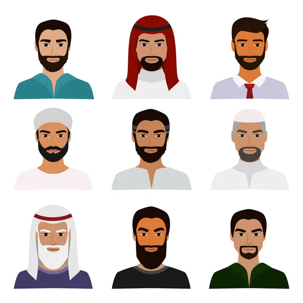 Векторний набір ілюстрацій мусульманських аватарів, векторна арабська людина ікона, саудівські ієрогліфи, арабський бізнесмен в національному одязі портрети в плоскому стилі . — стоковий вектор