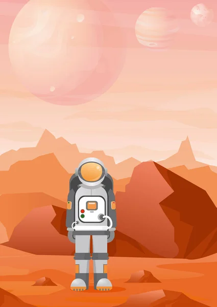 Vector illustrations of astronaut on Mars planet with red mountains landscape. astronomy, space exploration, colonization in flat style. — Stock Vector