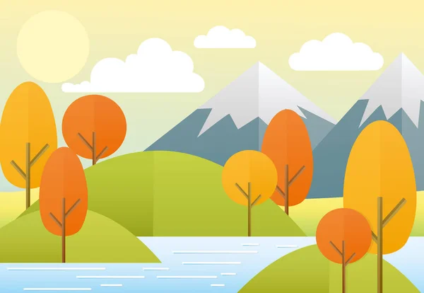 Ilustracja wektorowa płaskie jesień natura krajobraz. Colorful natura, góry, jezioro, słońce, drzewa, chmury. Jesienny widok w stylu kreskówki płaskie. — Wektor stockowy