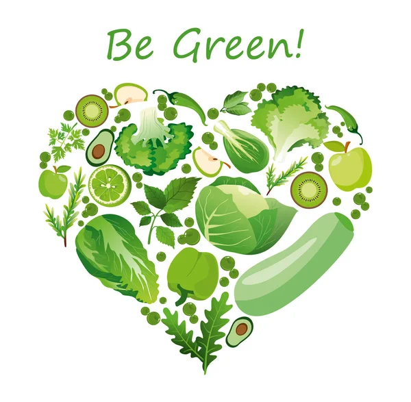 Vektoros illusztráció szív alakú, zöld gyümölcsök és zöldségek. Egészséges táplálkozás szerves koncepció a sima stílus. — Stock Vector