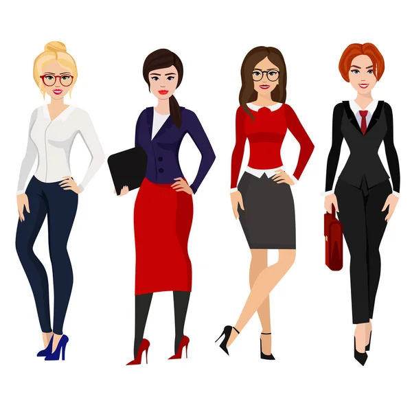 Ilustración vectorial de cuatro elegantes mujeres de negocios en diferentes poses sobre fondo blanco en estilo plano de dibujos animados . — Vector de stock