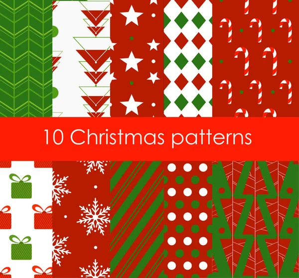 Vector illustration ten Christmas different seamless patterns. Bright colors texture for wallpaper, web page background, wrapping paper, flat style. — Stock Vector