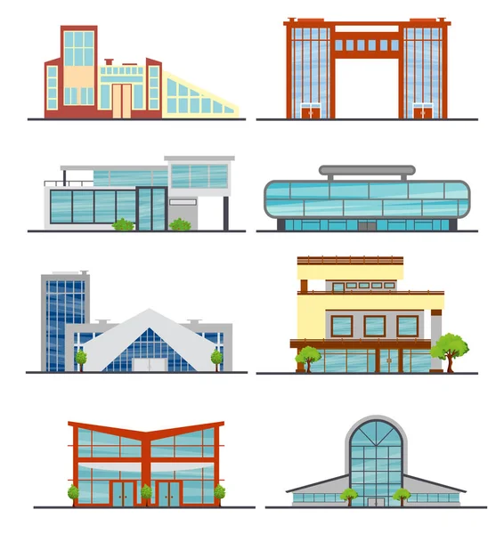 Conjunto de ilustrações vetoriais de edifícios modernos da cidade em estilo plano sobre fundo branco . —  Vetores de Stock