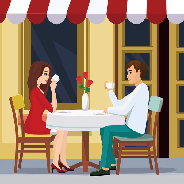Vektor Illustration des schönen Paares trinkt Kaffee in einem Café. ein Mann und eine Frau sitzen an einem Tisch vor einem Restaurant im flachen Stil. — Stockvektor