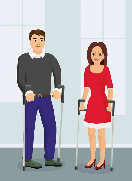 Illustration vectorielle de personnes munies de béquilles. Homme et femme handicapés parlant dans la rue dans un style plat . — Image vectorielle
