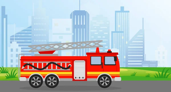 Vector illustration fire truck in flat style on modern city view background. — Stock Vector