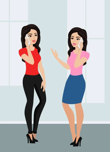 Ilustração vetorial de duas meninas de desenhos animados bonitos usando um telefone celular. As mulheres estão falando por telefone celular em estilo plano . —  Vetores de Stock