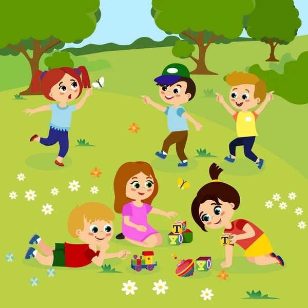 Ilustración vectorial de niños jugando al aire libre sobre hierba verde con flores, árboles. Niños felices jugando en el patio con juguetes en estilo plano de dibujos animados . — Archivo Imágenes Vectoriales
