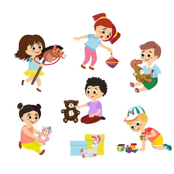 Vector illustration set of children play with toys. Little girl riding a wooden horse, boy hugging a teddy bear and other toys in cartoon flat style. — Stock Vector