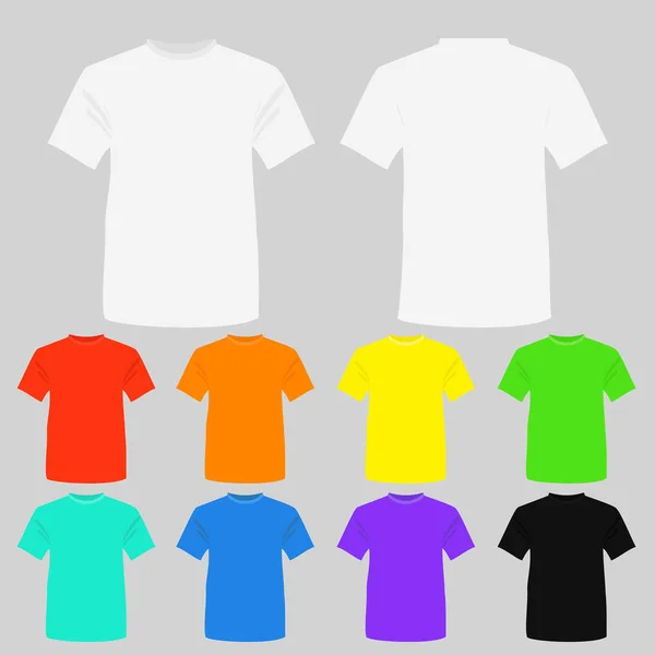 Векторный набор иллюстраций шаблонов цветных футболок. Футболки белого, черного и других ярких цветов в плоском стиле . — стоковый вектор